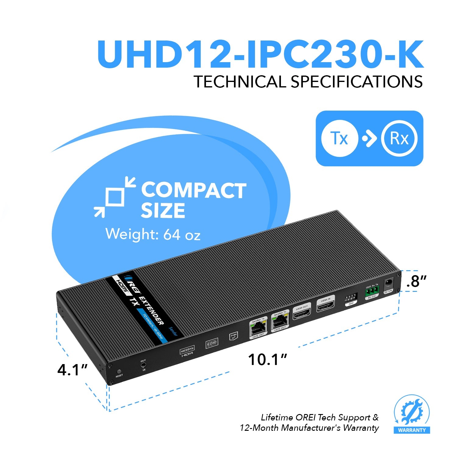 4K@60hz 1x2 HDMI™ Extender Splitter (Loop, IR) - 230ft (cat6) (UHD12-IPC230-K)