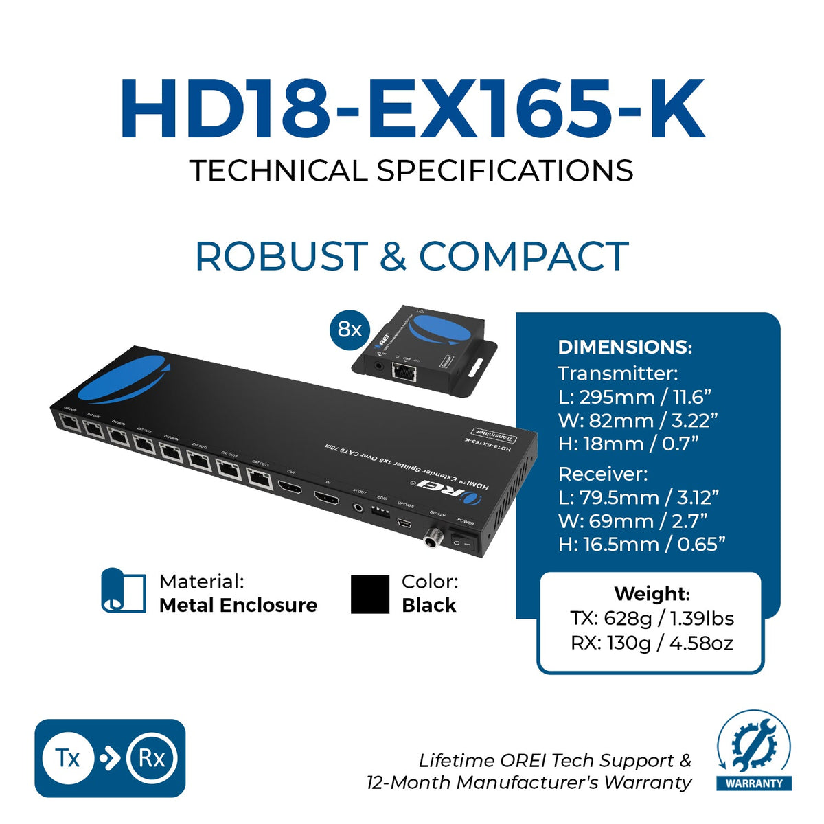 4K@30Hz 1x8 HDMI™ Extender Splitter (Loop) - 230ft (cat6)-HD18-EX165-K