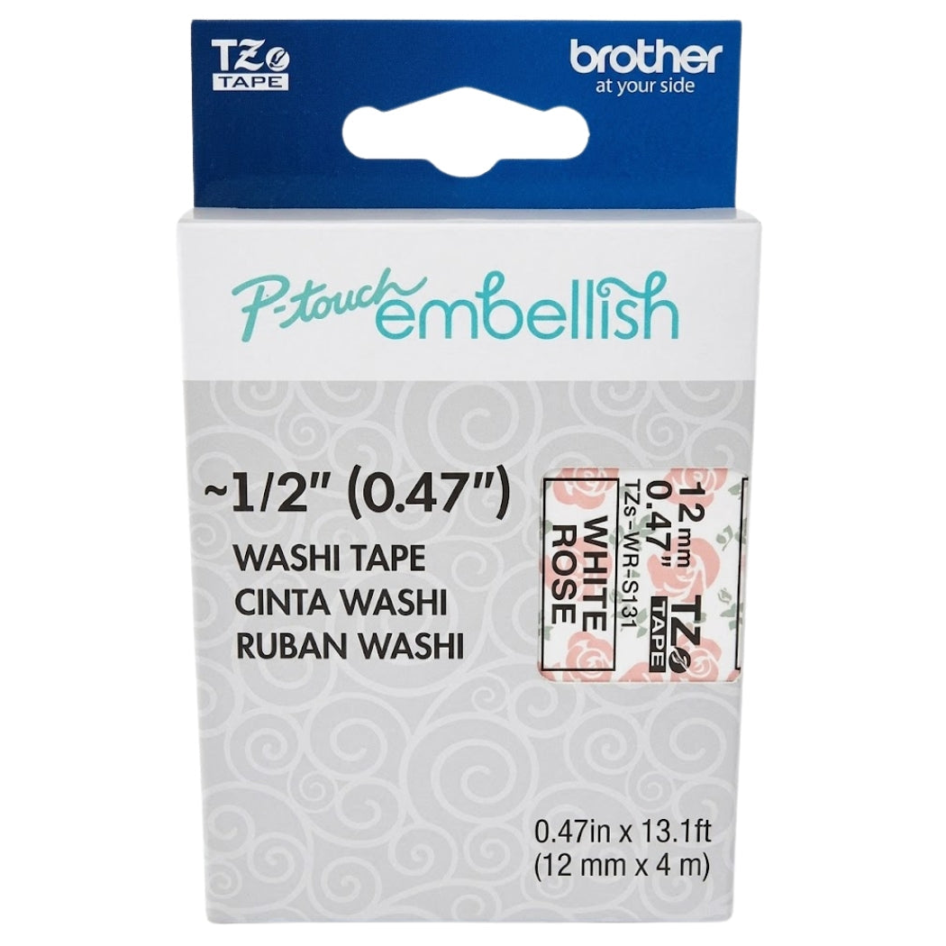 New, Pre-owned, Original Brother P-Touch Embellish Black Print on White Rose Washi Tape TZeMT3115 - ~~½” Wide x 13.1’ Long for use with P-Touch Embellish Ribbon & Tape Printer