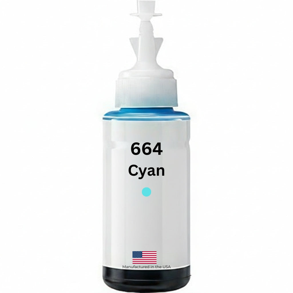 US Remanufactured for Epson 664 (T664220-S) 70ml Cyan High Yield Ink Bottle Made in the USA, T664220-S