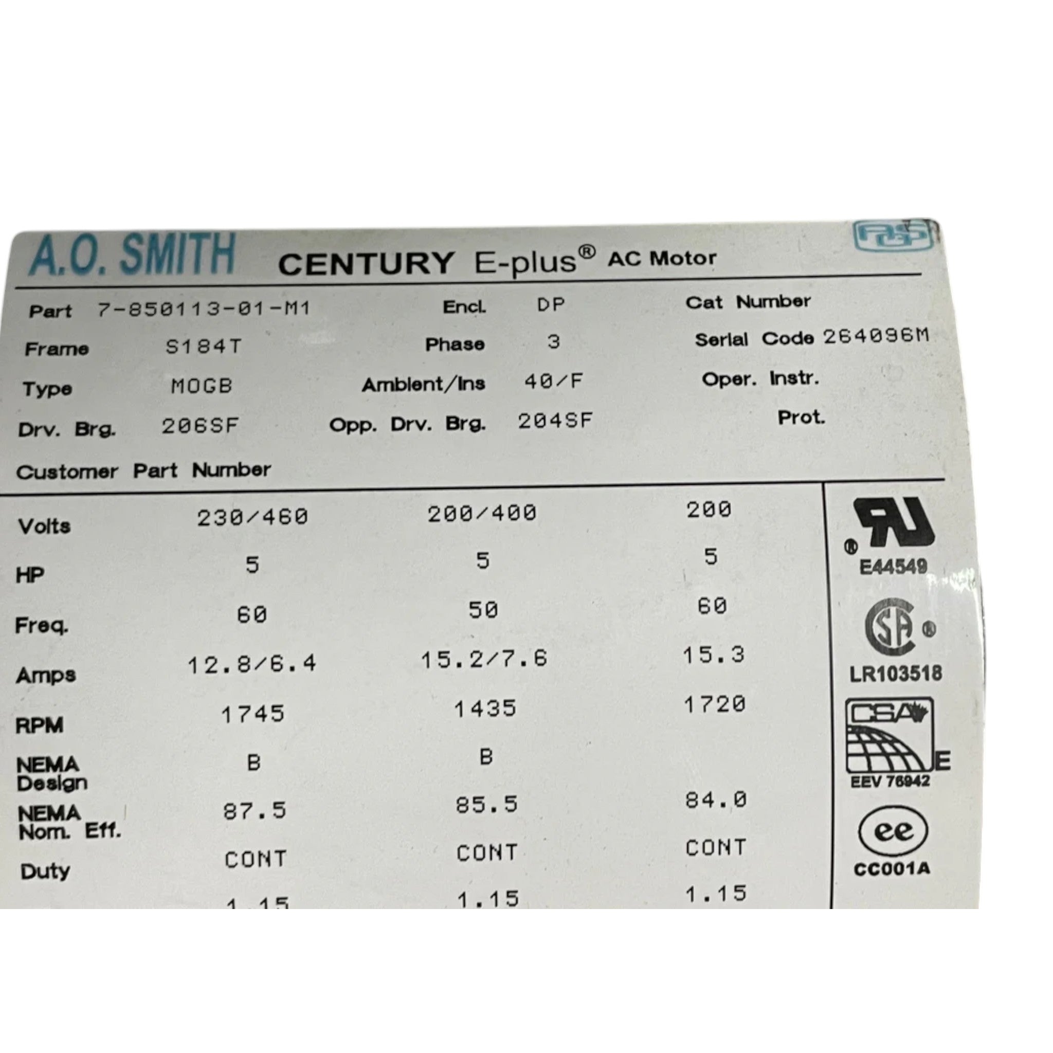 A.O. Smith 7-850113-01-0J 5hp Century E Plus 230/460v 3ph Frame S184T Electric Motor Refurbed