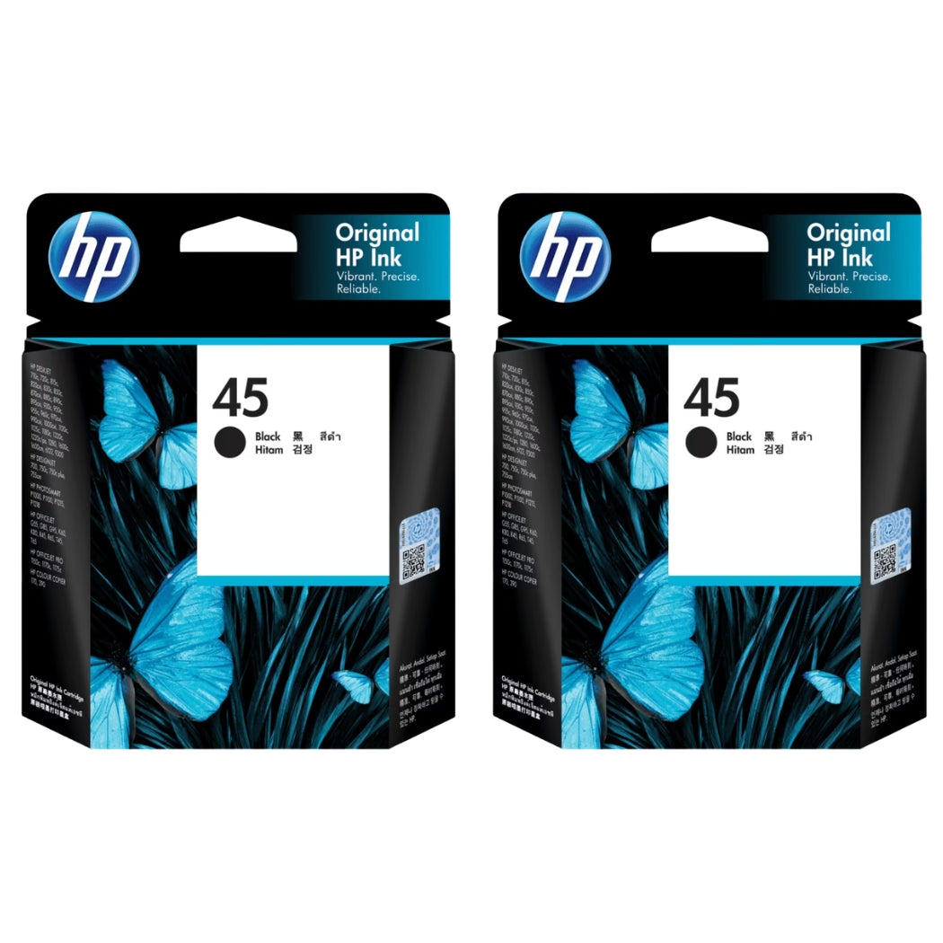 New, Pre-Owned - HP 45 (51645A) Black Ink Cartridges- 2 Pack