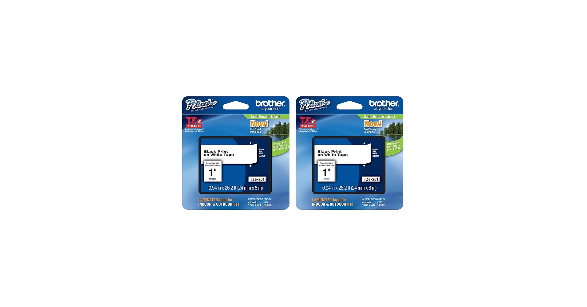 New, Pre-owned, Brother P-Touch TZe-251 Laminated Tape, Black Print on White Standard Adhesive Laminated Tape for P-Touch Label Makers, Each Roll is 0.94"/24mm (1") Wide, 26.2 ft. (8M) -2 Pack