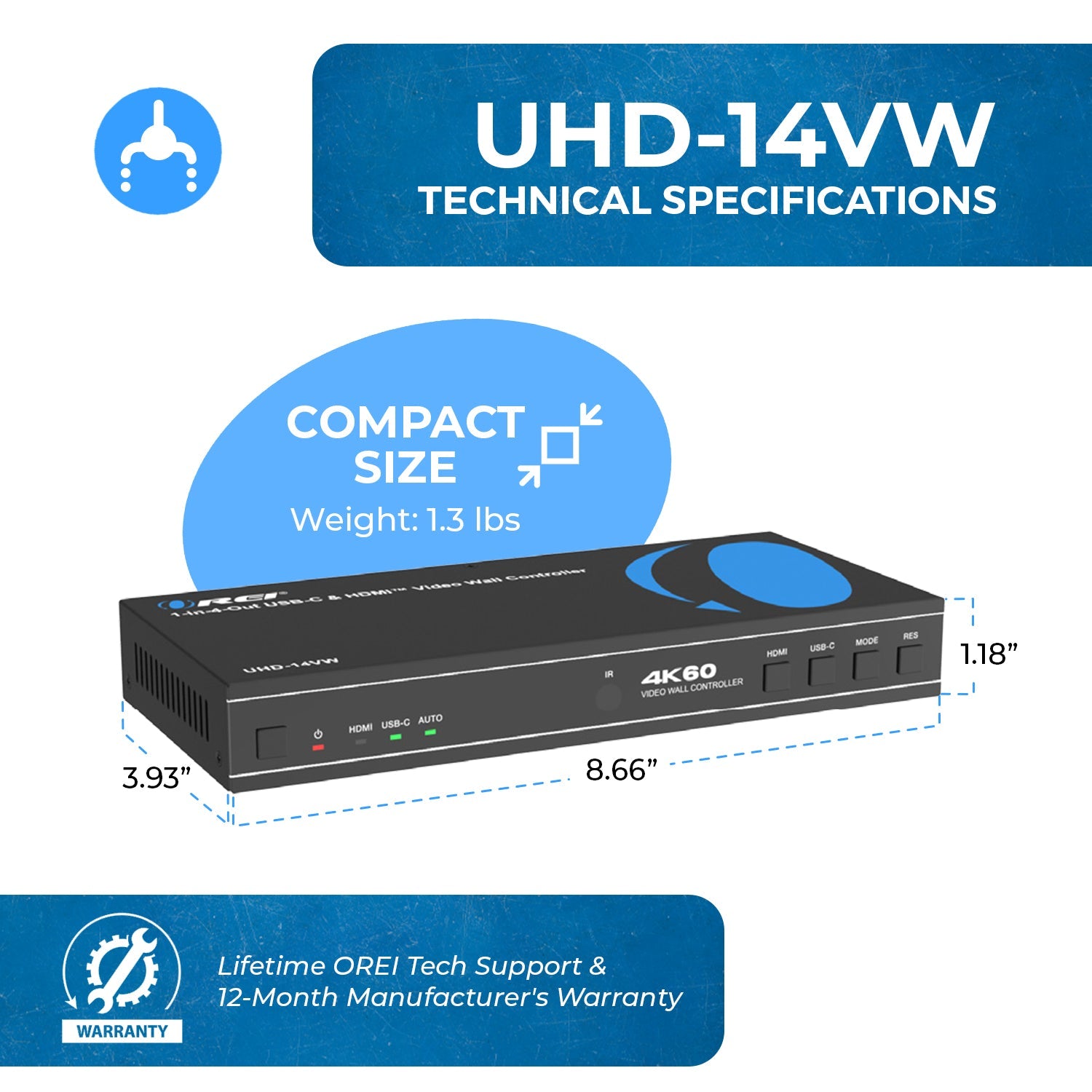 4K 1-In-4-Out USB-C & HDMI™ Video Wall Controller (Audio Extract)-UHD-14VW