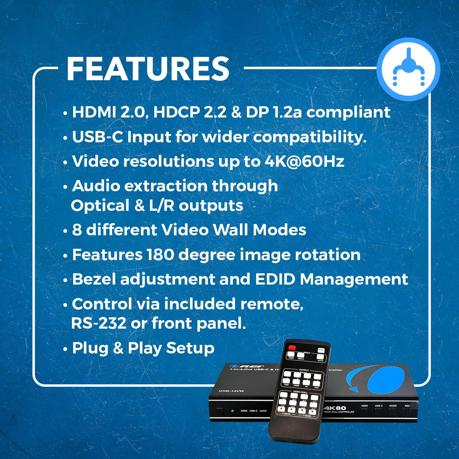4K 1-In-4-Out USB-C & HDMI™ Video Wall Controller (Audio Extract)-UHD-14VW