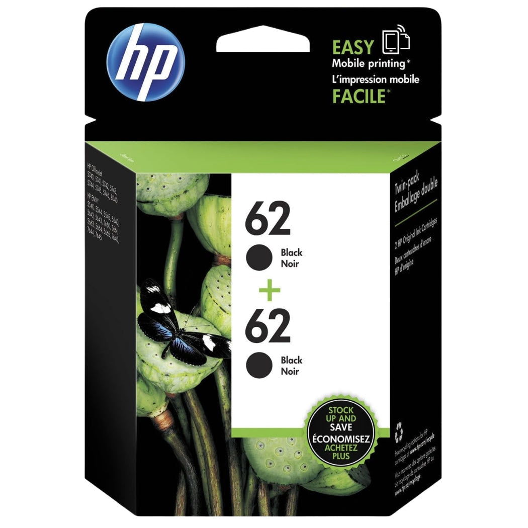 New, Pre-Owned - HP 62 (C2P04AN) Black Ink Cartridge- Twin Pack