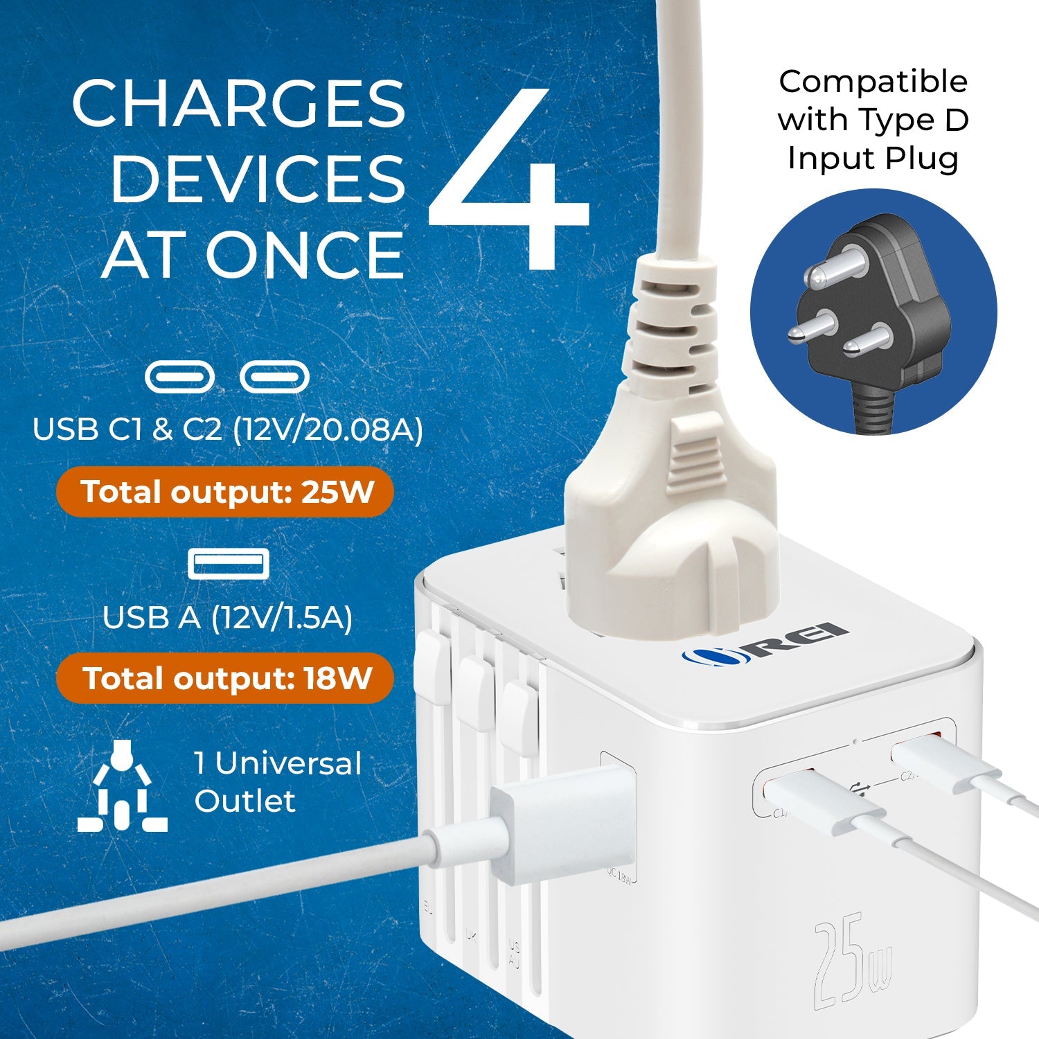 Universal Travel Adapter 25W | 4-in-1 Fast Charging Plug with USB-C & USB-A