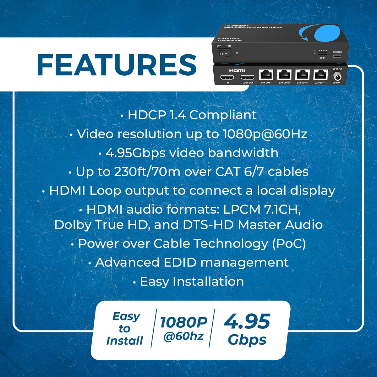 1080p 1x4 HDMI™ Extender Splitter (Loop) - 230ft (cat6)-HD14-EX132-K