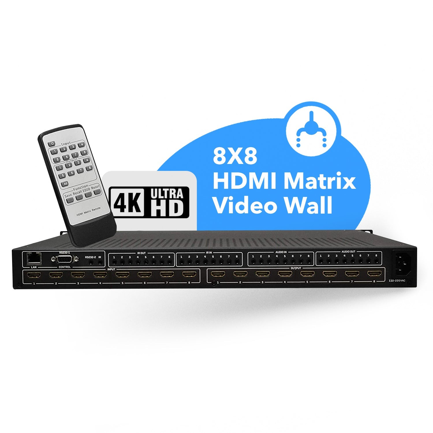4K@60hz 8x8 HDMI™ Matrix w/ Video Wall (Seamless, Audio Extract)-UHD-808VW