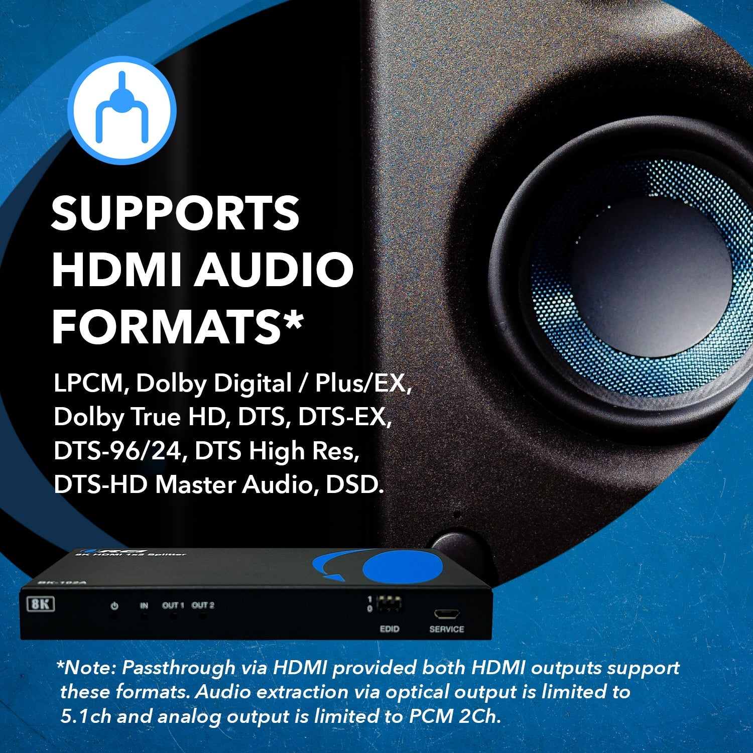 8K 1x2 HDMI™ Splitter (Downscaler, Audio Extract)-BK-102A