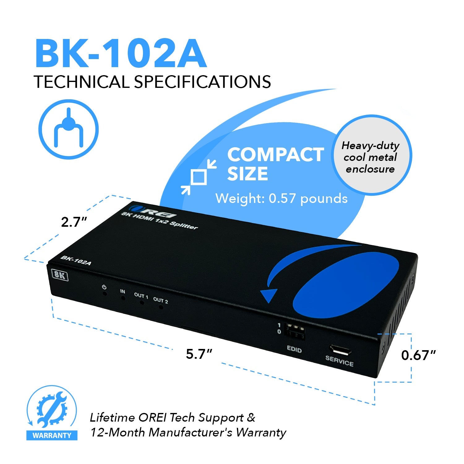 8K 1x2 HDMI™ Splitter (Downscaler, Audio Extract)-BK-102A