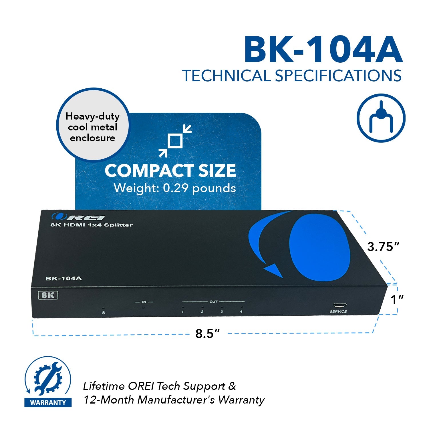 8K 1x4 HDMI™ Splitter (Downscaler, Audio Extract)-BK-104A