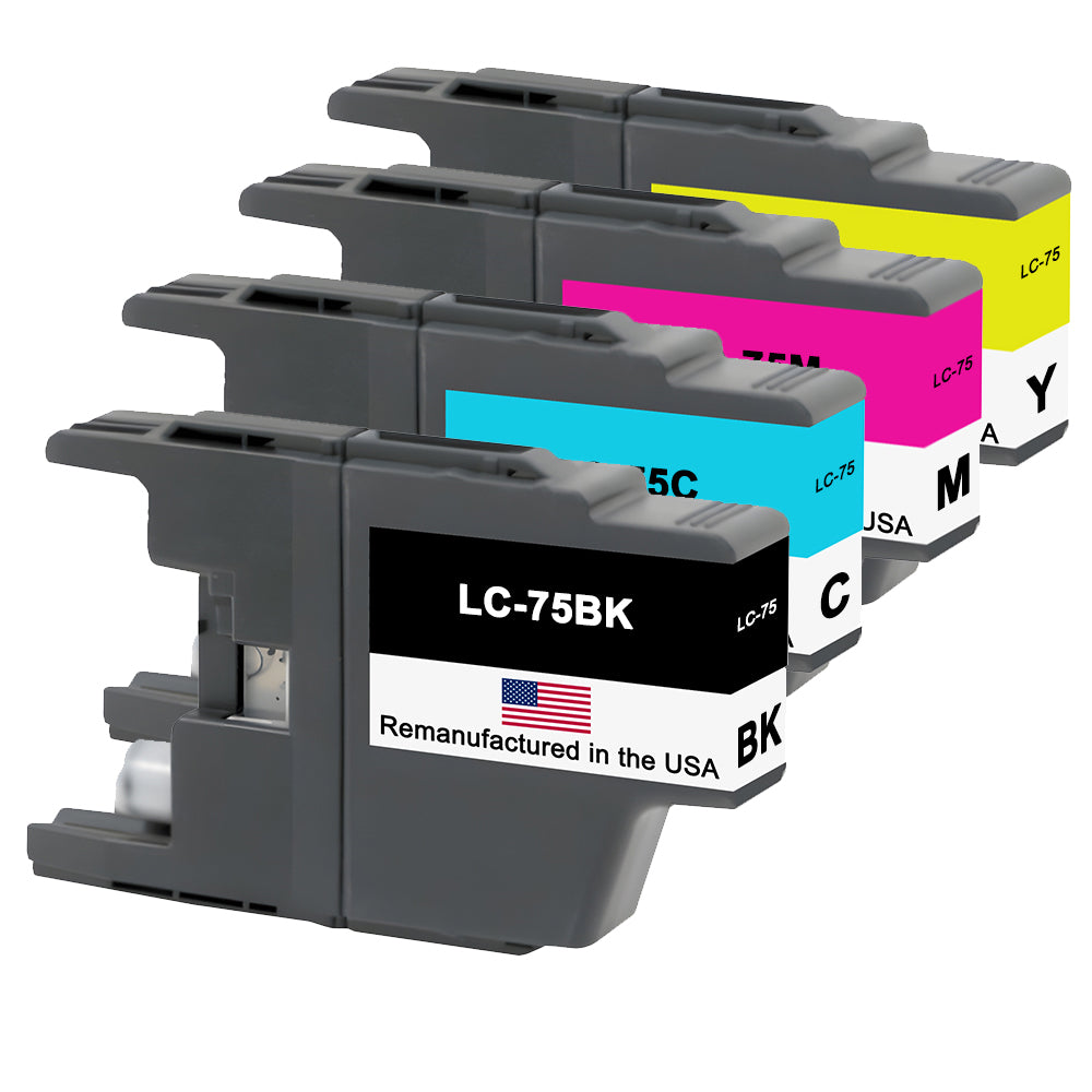 U.S. Remanufactured for Brother LC75 1 Black /  3 Color Ink Cartridges 4-pack