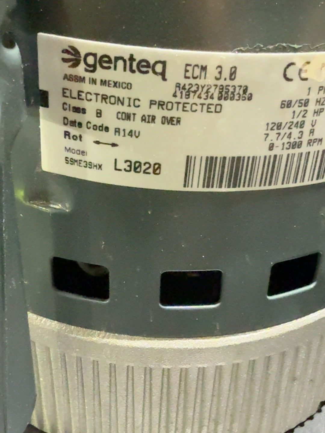 Actual Genteq ECM 3.0 5SME39HXL3020 specifications label