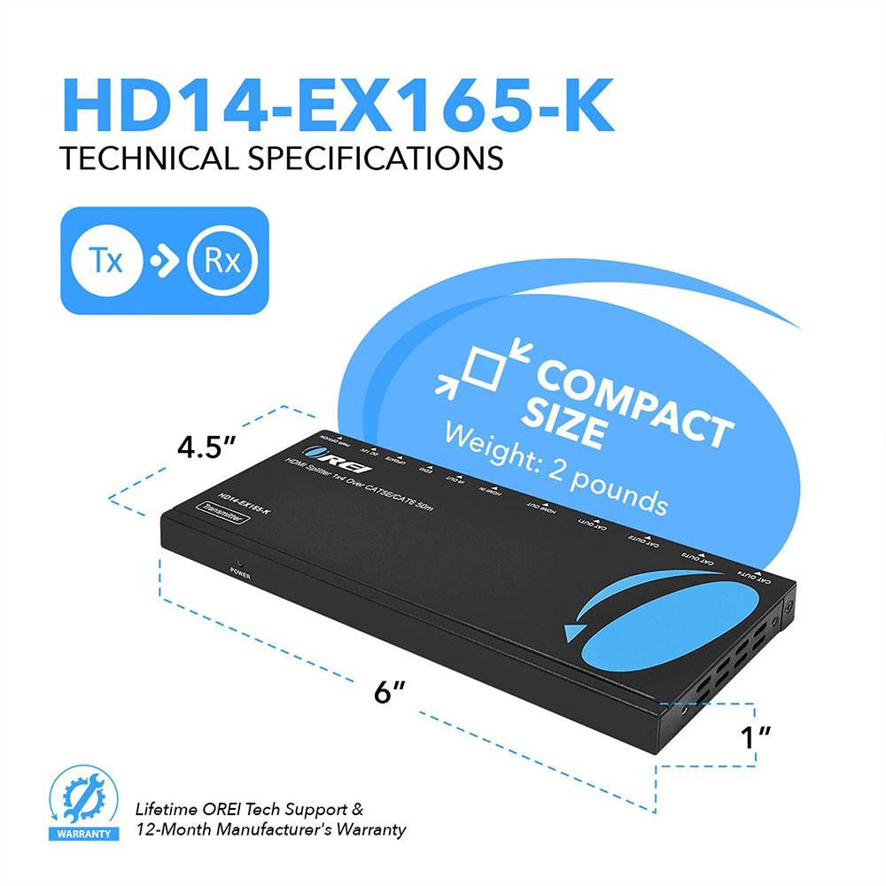 4K@30Hz 1x4 HDMI™ Extender Splitter (Loop) - 230ft (cat6)-HD14-EX165-K