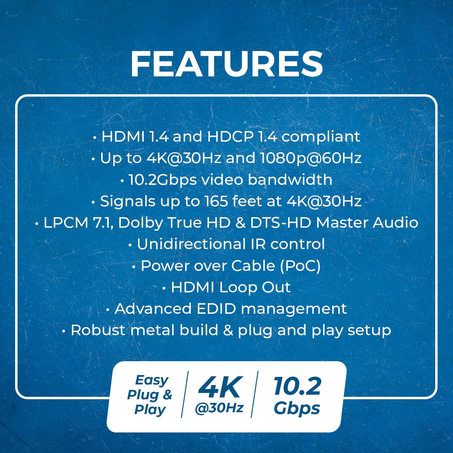 4K@30Hz 1x4 HDMI™ Extender Splitter (Loop) - 230ft (cat6)-HD14-EX165-K