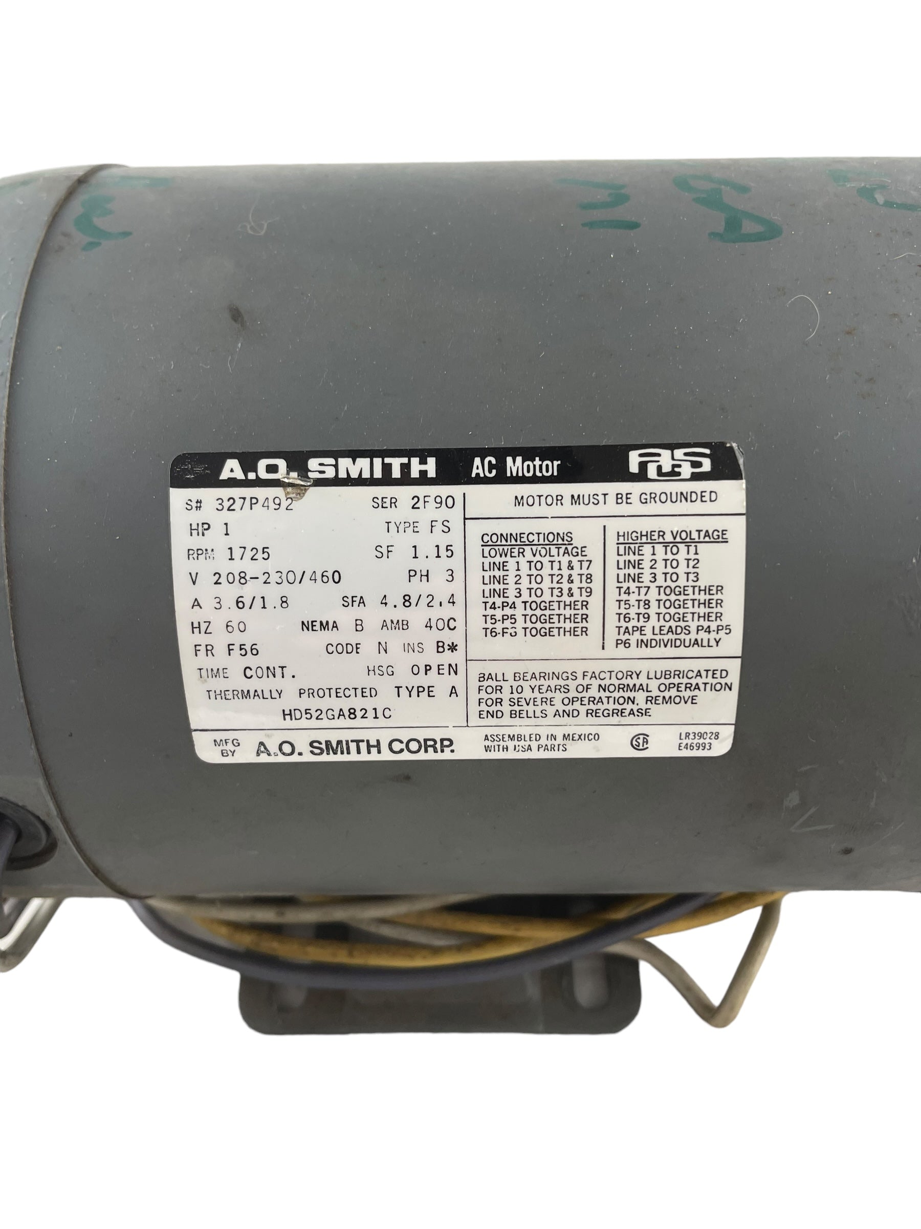 A.O. Smith, Carrier, 327P492 ICP 2-1/2 HP, 208-230/460V, 3 PH, 1725 RPM, Frame 56Y, Blower Motor Replacement (TESTED)