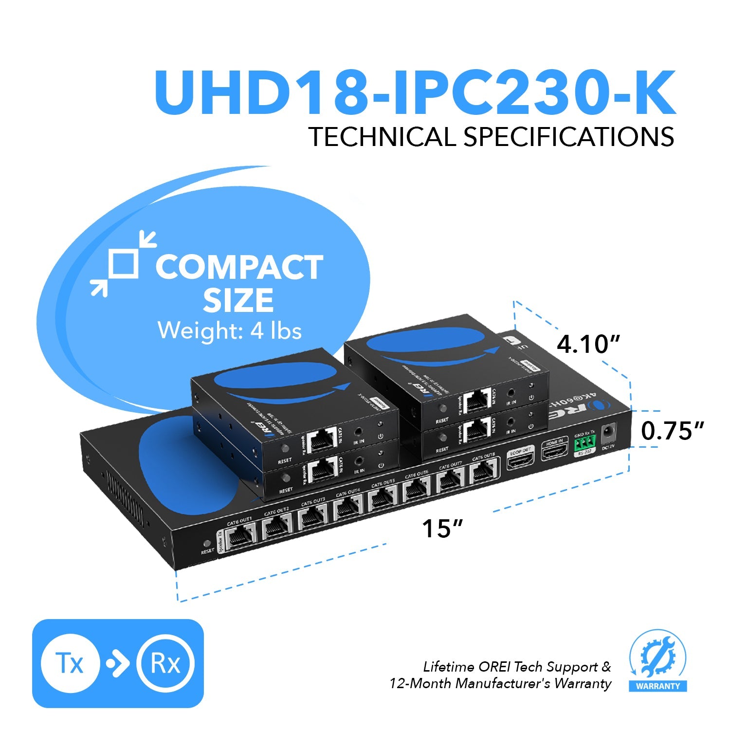 4K@60hz 1x8 HDMI™ Extender Splitter (Loop) - 230ft (cat6)-UHD18-IPC230-K