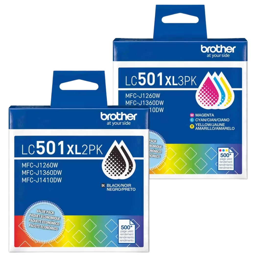 New, Pre-Owned - Brother LC501XL High Yield Multi-Color (2-Black) & (Color) Ink Cartridge, BCMY-5 Pack