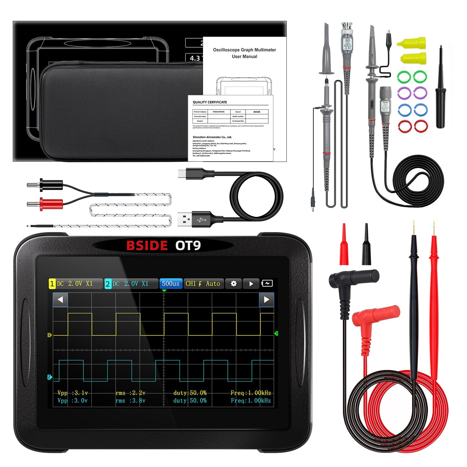BSIDE OT9 3-in-1 Oscilloscope with Graphing Multimeter & Signal Generator