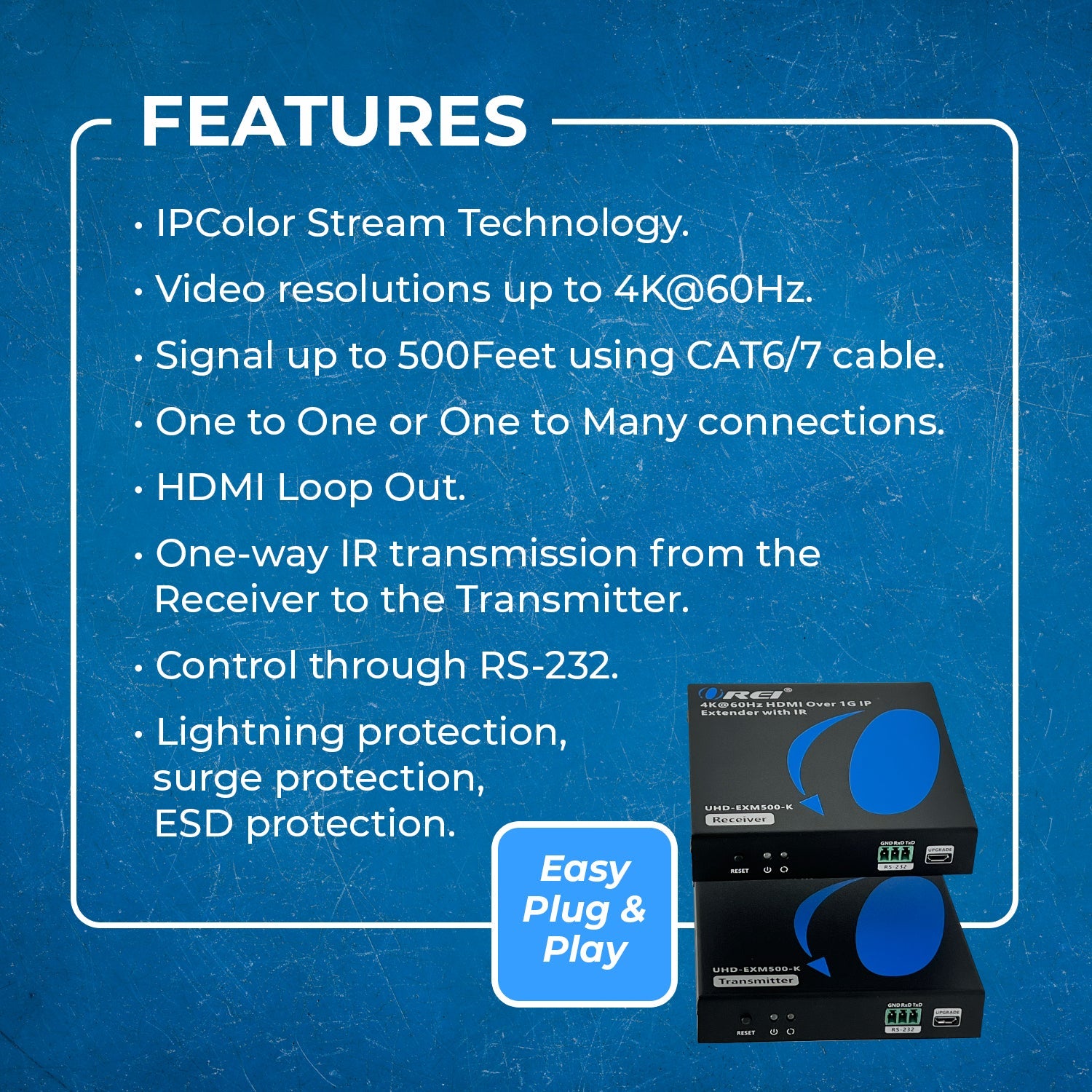 4K@60hz  HDMI™ Extender (Over 1G IP, Loop, IR) - 500ft (cat6)-UHD-EXM500-K