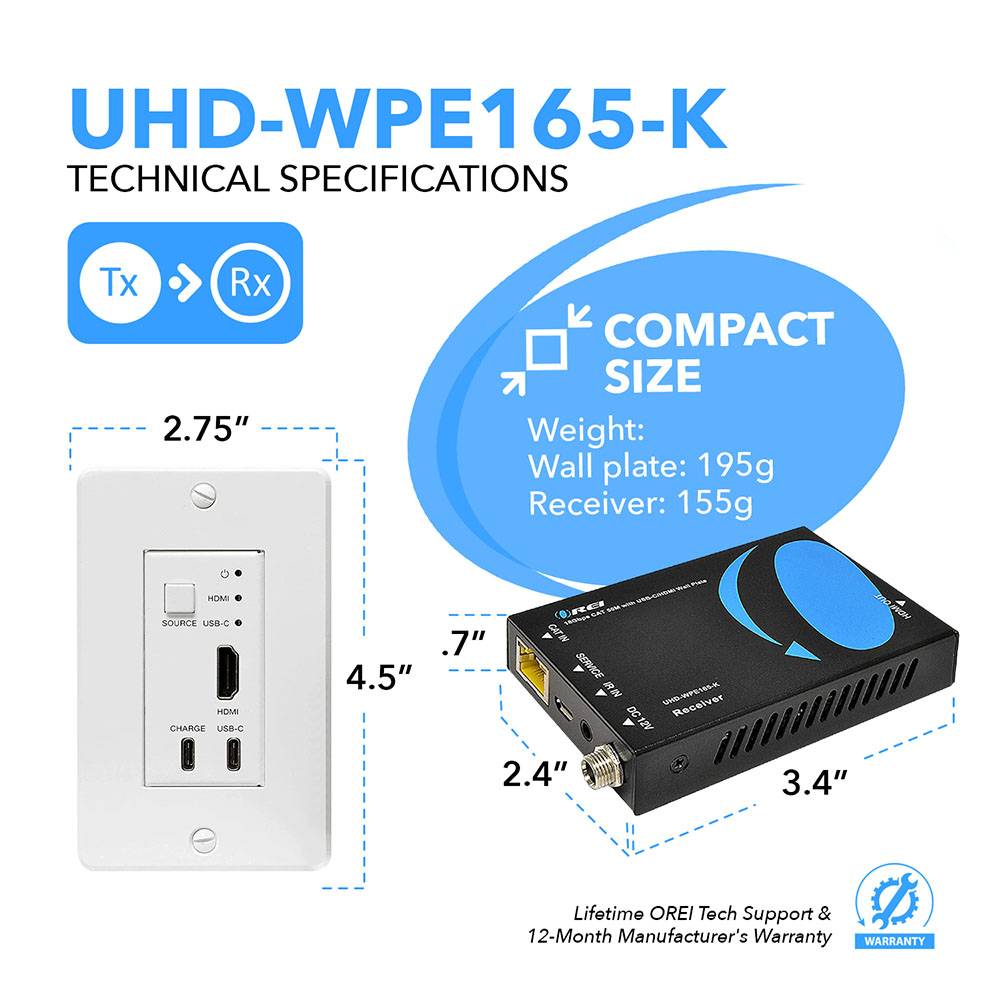 4K HDMI™ & USB-C Extender with Wall Plate (TX) - 165ft (cat6)-UHD-WPE165-K
