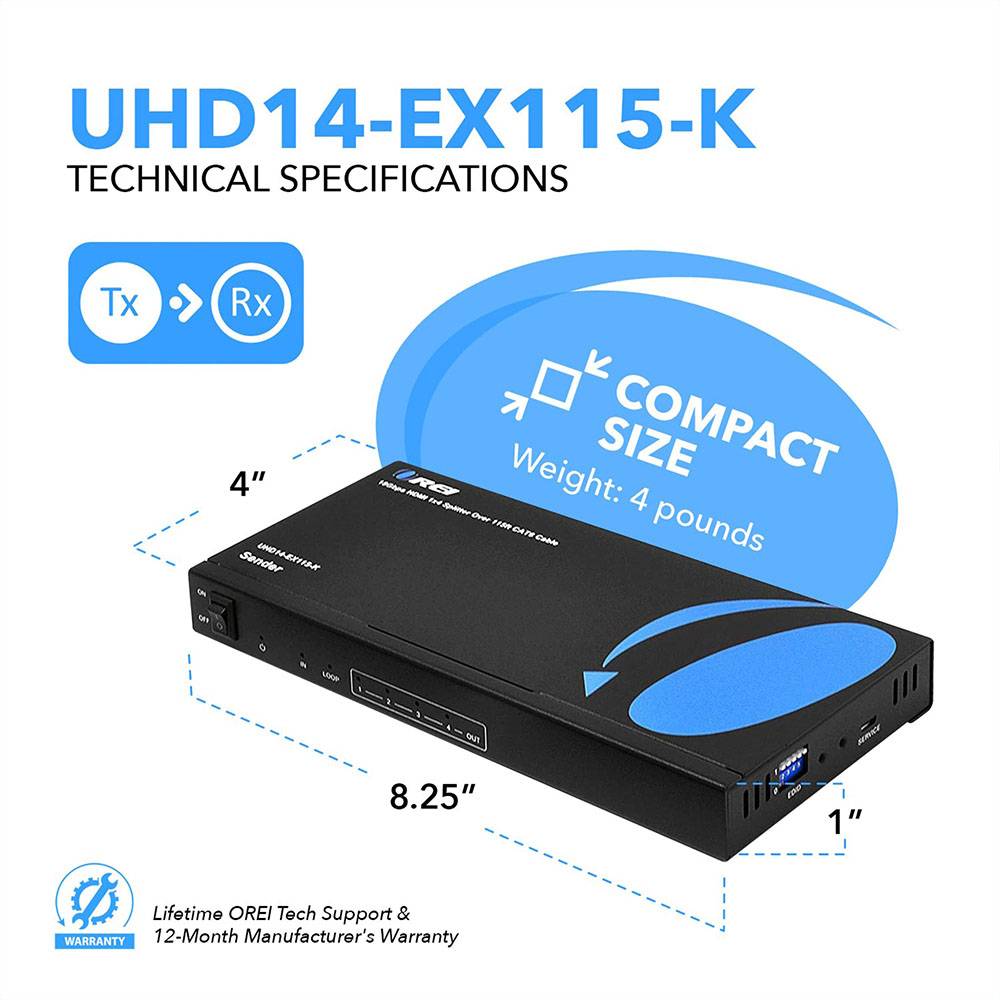 4K@60hz 1x4 HDMI™ Extender Splitter (Loop) - 115ft (cat6)-UHD14-EX115-K