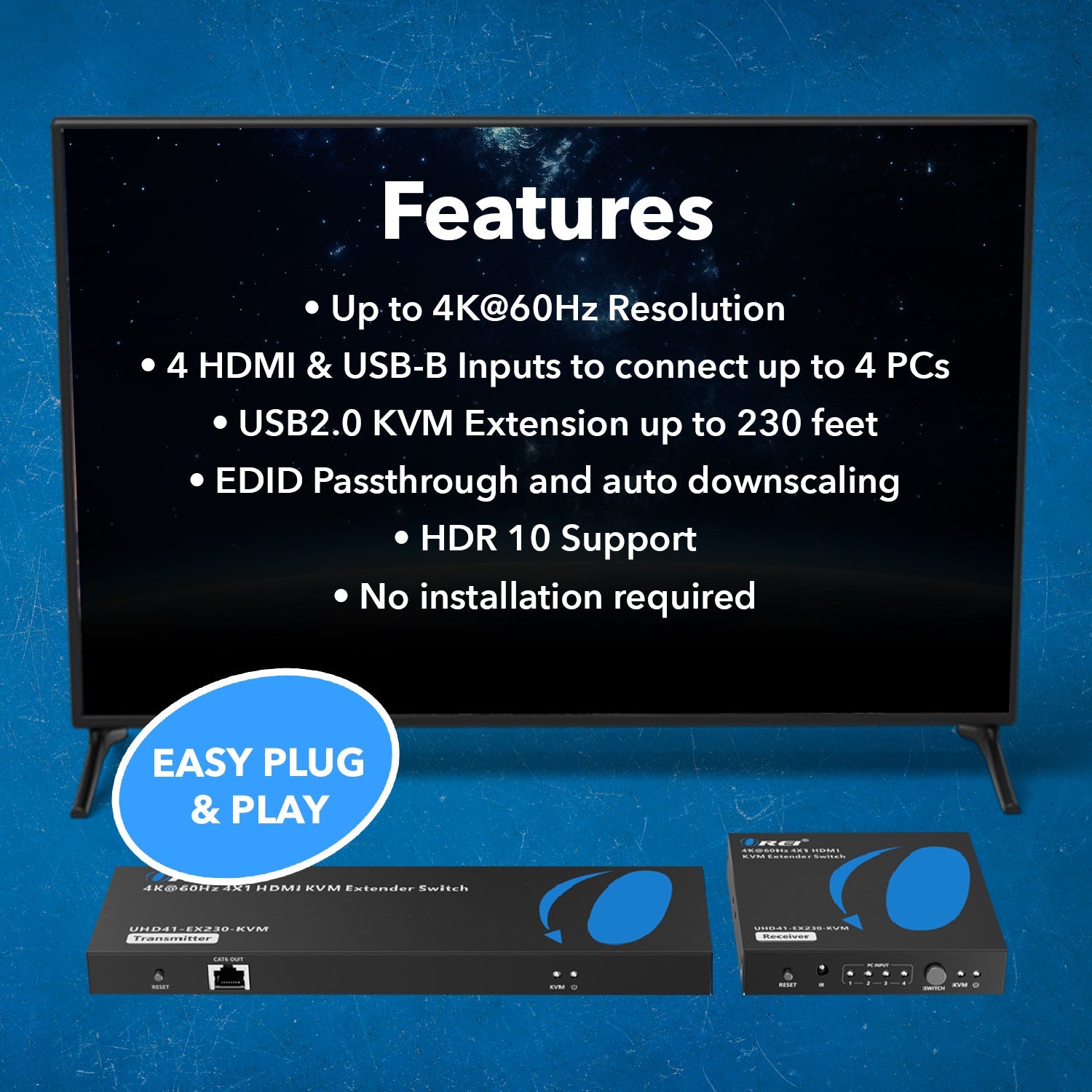4K@60Hz 4x1 HDMI™ Extender Switch (KVM) - 230ft (cat6)-UHD41-EX230-KVM