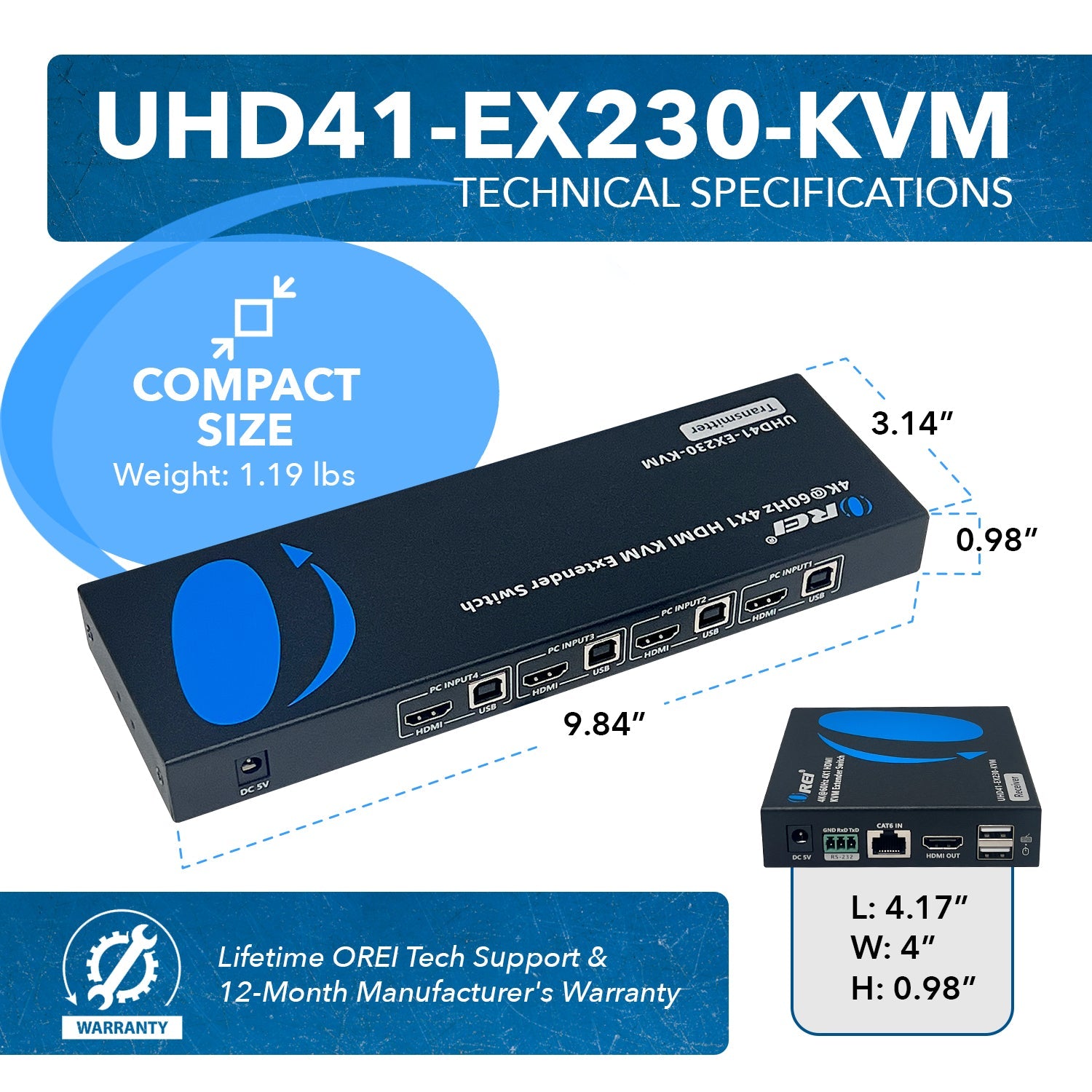 4K@60Hz 4x1 HDMI™ Extender Switch (KVM) - 230ft (cat6)-UHD41-EX230-KVM