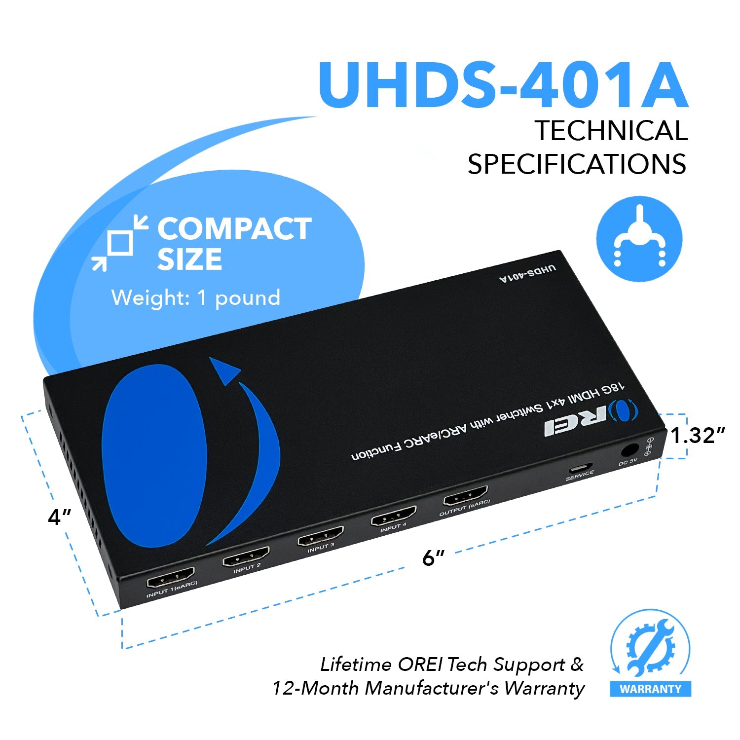4K@60Hz 4-port HDMI™ Switch (Audio Extract) (UHDS-401A-O)