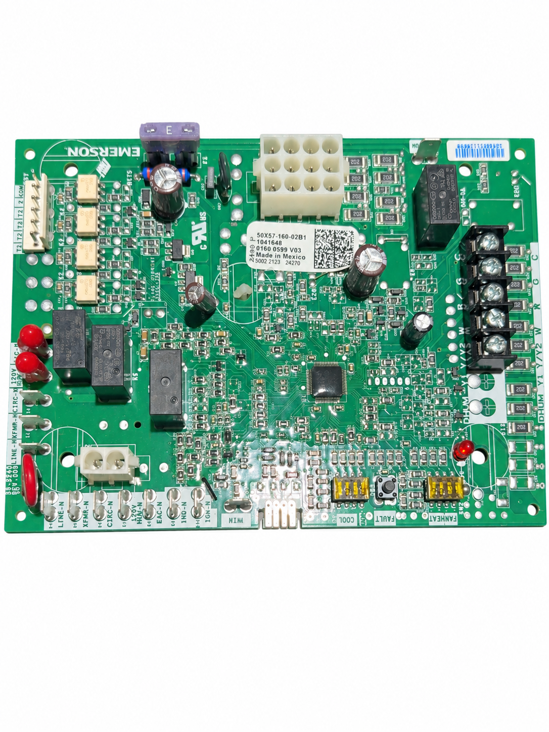 Emerson 50X57-160-02B1 control board on white background