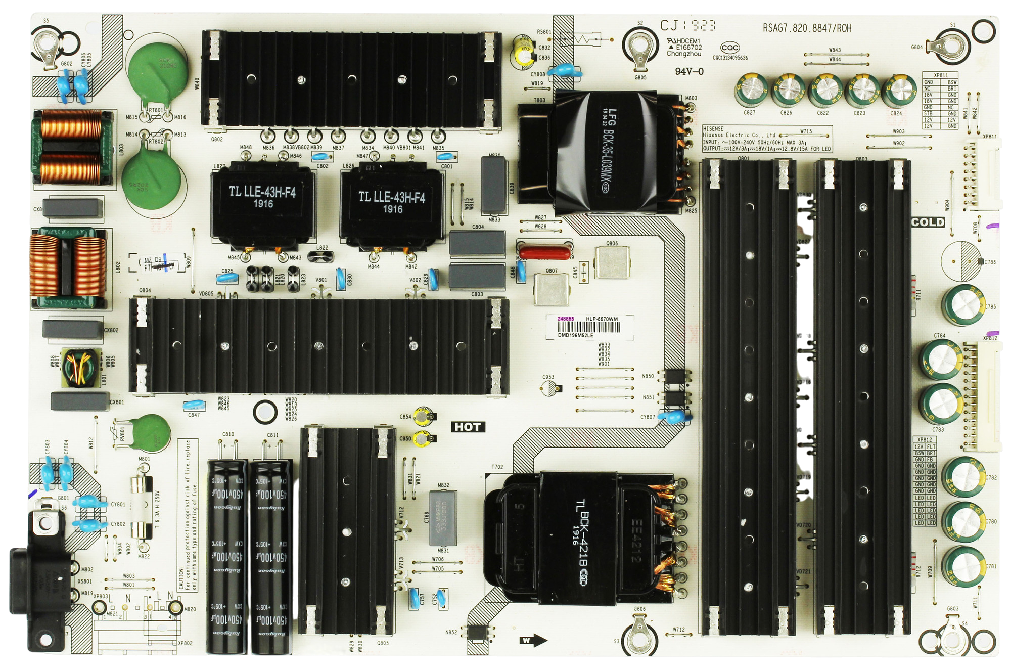 248855 Hisense Power Supply, RSAG7.820.8847/ROH, E166702, HLP-5570WM, 65H9F