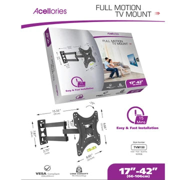 Acellories Full Motion 17" - 42" Universal TV Mount with Easy Installation